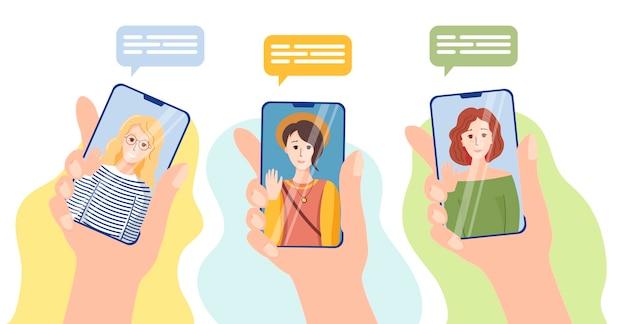 Chicas lindas en las pantallas de los teléfonos inteligentes. Manos sostienen teléfonos inteligentes, videollamadas, comunicación por Internet. Los amigos se comunican a través de la aplicación.