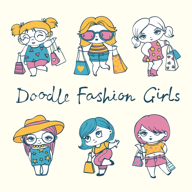 Chicas de moda lindo vector con elegantes bolsos en estilo doodle