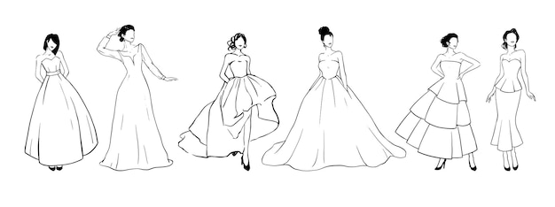 Chicas de moda en vestidos de novia de princesa Line art