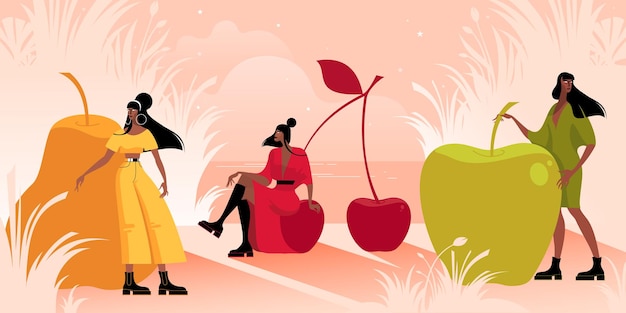 Vector chicas modelo y frutas manzana cereza y pera desfile de moda ilustración vectorial