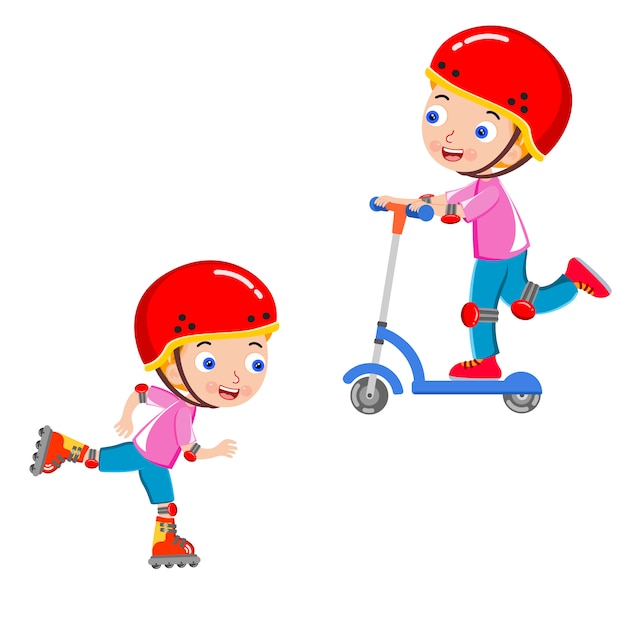 Vector chicas patinando scooter casco vector