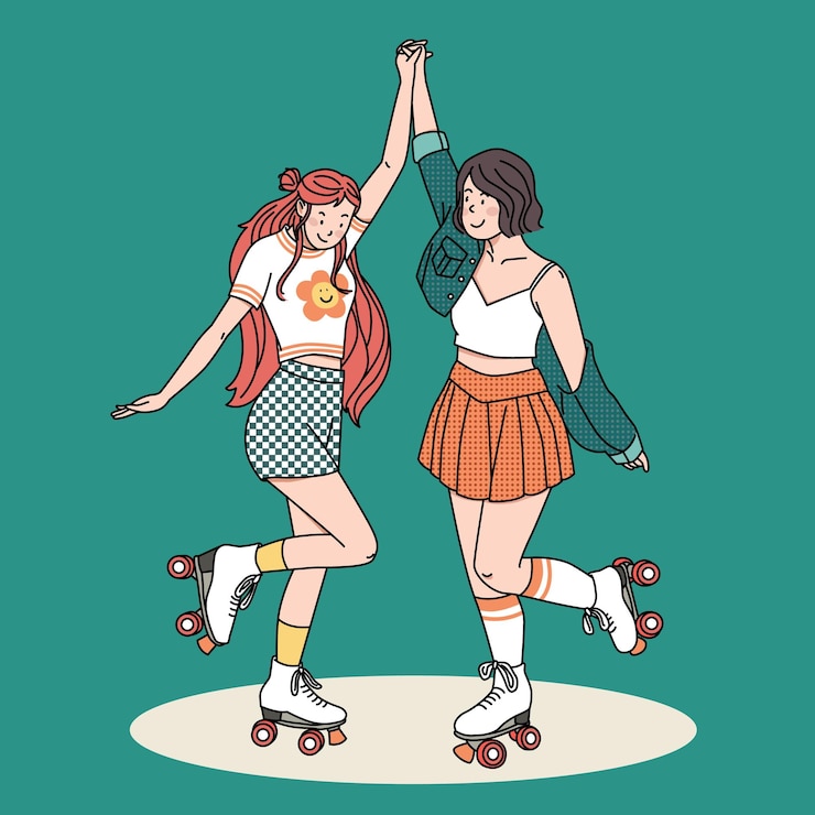 Las chicas en patines posando felices