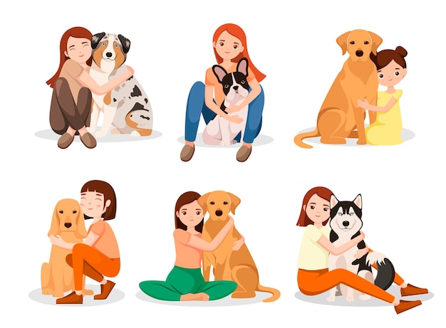 Chicas con perros Un conjunto de ilustraciones Diseño de dibujos animados