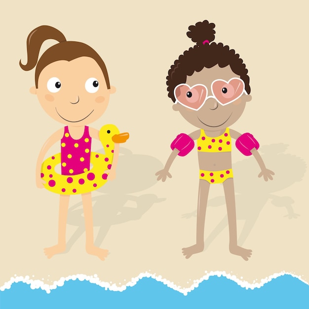 Vector chicas en la playa listas para nadar con anillos inflables y brazaletes
