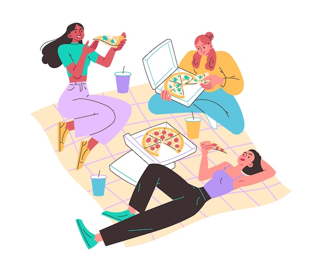Chicas en pradera en manta comiendo pizza Picnic relajante en la naturaleza