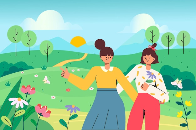 Vector chicas que van de excursión en primavera