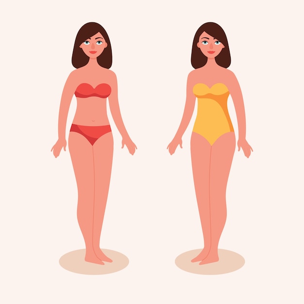 Chicas en traje de baño. Morena mujer en bikini. Figura femenina en pleno crecimiento. Dos tipos de trajes de baño.