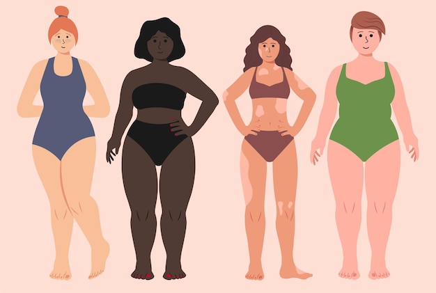 Chicas en trajes de baño con piel negra vitiligo más tamaño formas ilustración vectorial en estilo plano