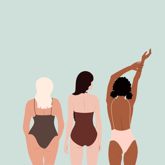 Vector chicas vectoriales en trajes de baño aman tu cuerpo diferentes etnias y colores de piel personajes femeninos ilustración vectorial de moda para aplicación web