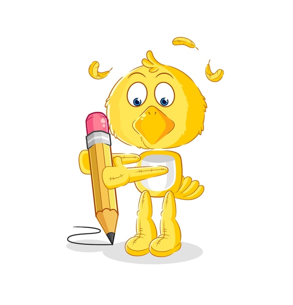 Chick escribe con vector de mascota de dibujos animados de lápiz