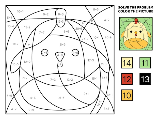 Chick Resolva el problema colorear la imagen Adición Sustracción Libro de colorear Vector