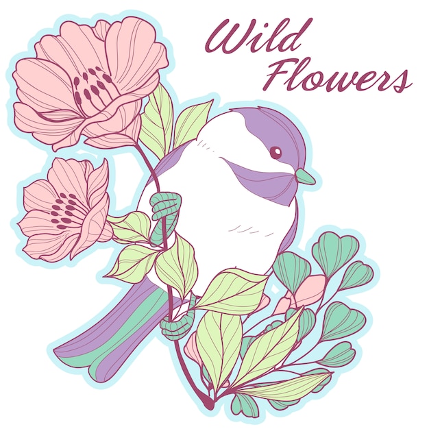 Vector chickadee lindo en una rama con flores