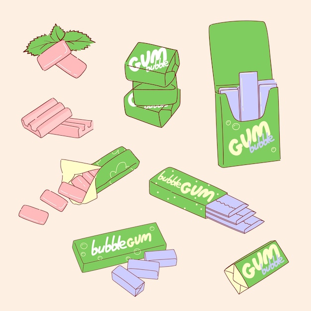 Vector chicle en conjunto de dibujos animados de vector de paquete verde aislado sobre fondo