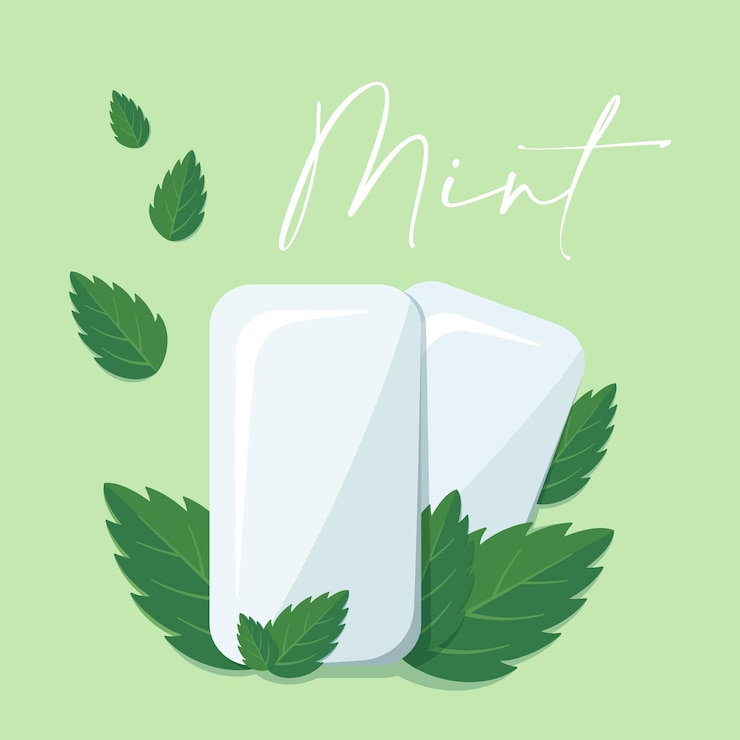 Vector chicle con hojas de menta ilustración plana. vector plano estilizado en colores blanco y verde.