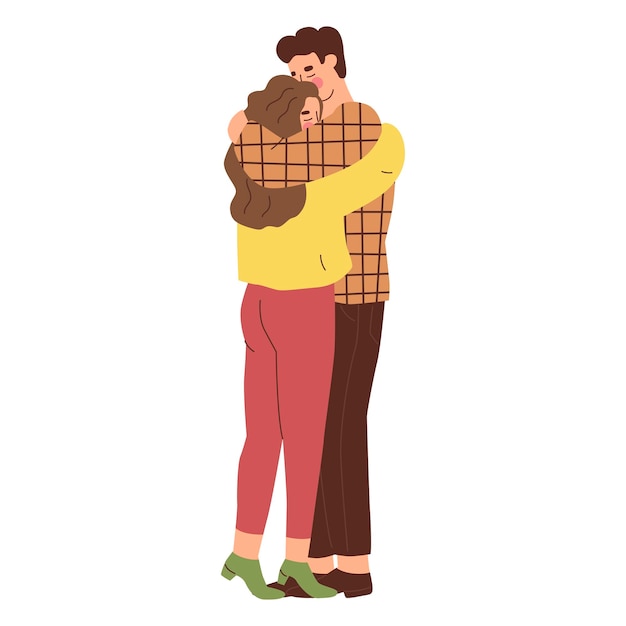 El chico abraza a la chica protegiendo a un ser querido abrazando la relación amorosa un par de amantes relaciones cálidas entre las personas amor por tu prójimo ilustración vectorial en estilo plano aislado