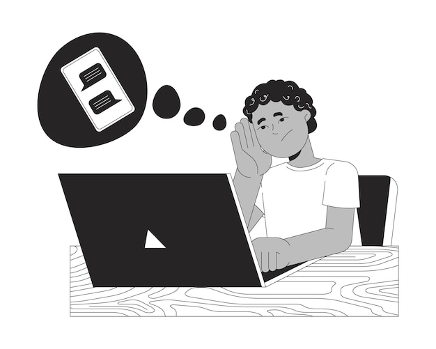 Chico afroamericano triste haciendo la tarea en blanco y negro personaje de línea 2D