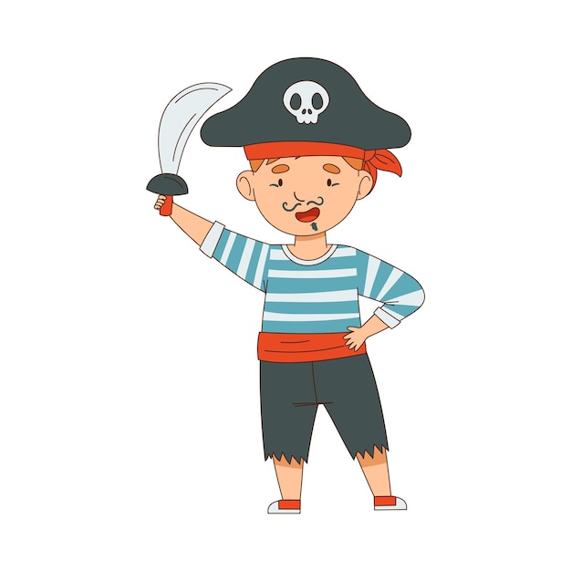 Chico alegre en disfraz de pirata y con pintura facial involucrado en la celebración festiva Ilustración vectorial