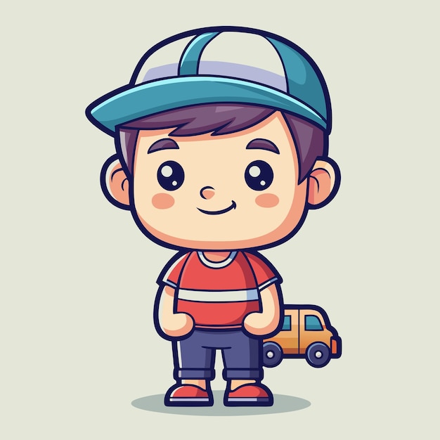 Chico alegre con gorra de algodón sosteniendo un camión de juguete con alegría posesiva Diseño vectorial detallado de dibujos animados