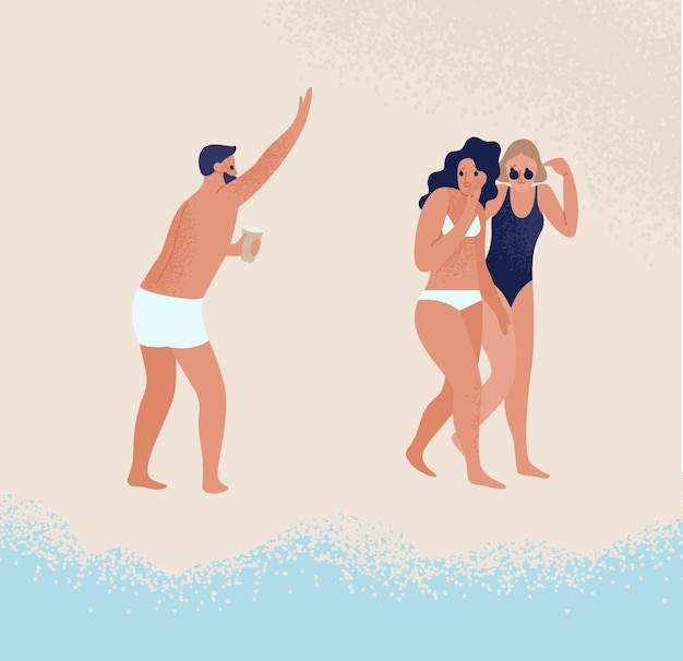 Chico alegre en traje de baño saludando a mujer en bikini en la ilustración plana de vector de playa. Un hombre amistoso sostiene una bebida fría y se familiariza con las mujeres que agitan la mano. Las personas que coquetean disfrutan de las vacaciones de verano.