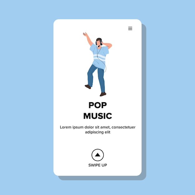Chico amante de la música pop escuchar en auriculares Vector. Joven Hipster escuchando música pop y divertidos momentos de relajación. Personaje disfrutando de la canción de moda y la melodía Web Ilustración de dibujos animados plana