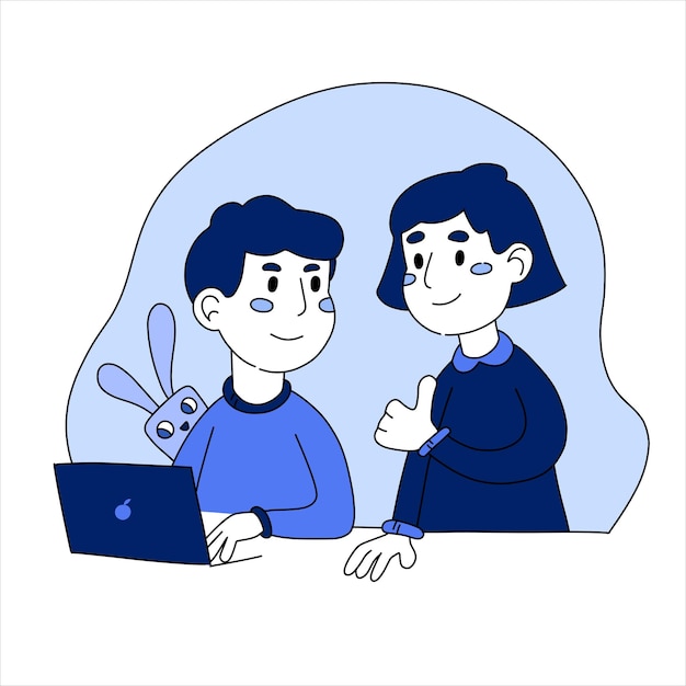 Chico animar a un amigo Trumb up con tres estrellas pulgar arriba emoción para compartir con amigos Concepto de revisión Ilustración vectorial en color azul en estilo plano de la gente sobre un fondo blanco