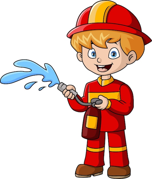 Vector un chico bombero lindo con un extintor de incendios