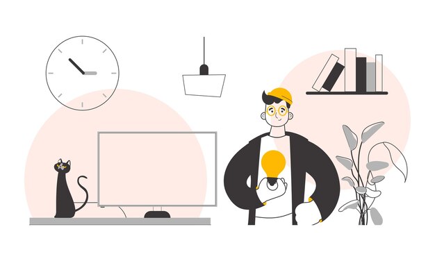 Chico y bombilla Concepto de idea Estilo de arte de línea vectorial