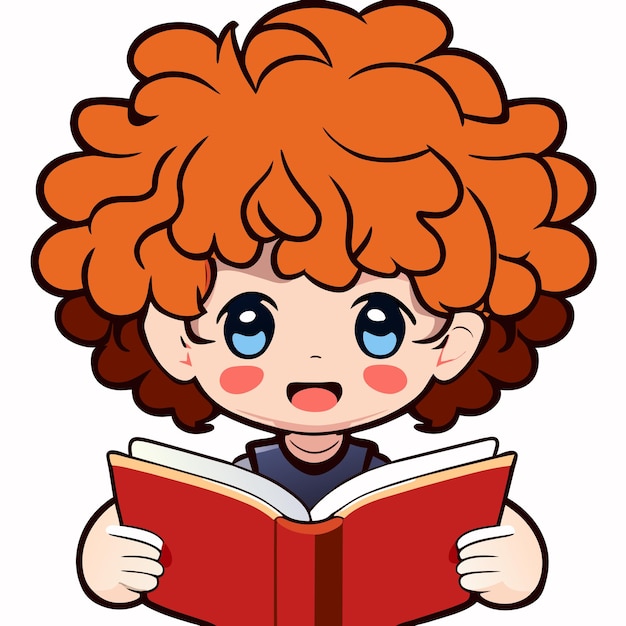 Vector chico con cabello rizado leyendo una ilustración de libro