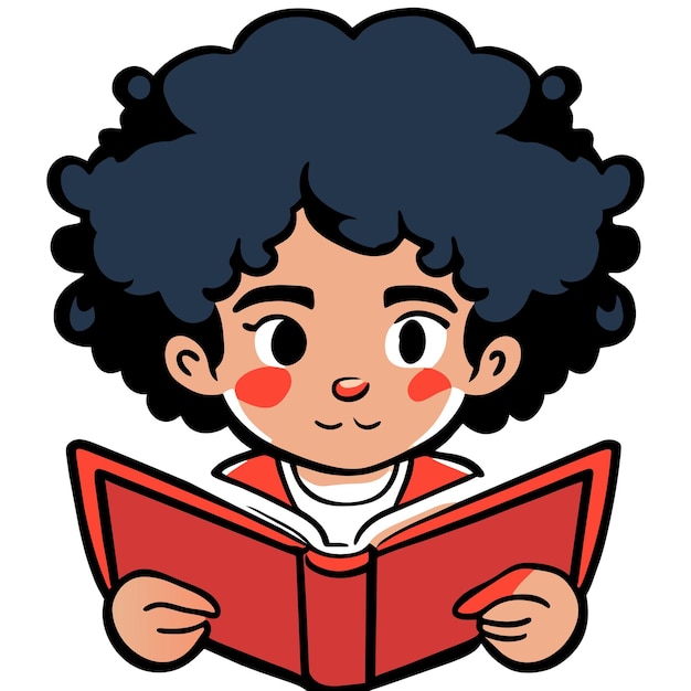 Chico con cabello rizado leyendo una ilustración de libro