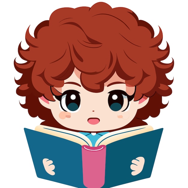 Vector chico con cabello rizado leyendo una ilustración de libro