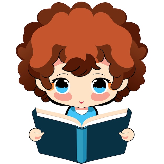 Vector chico con cabello rizado leyendo una ilustración de libro