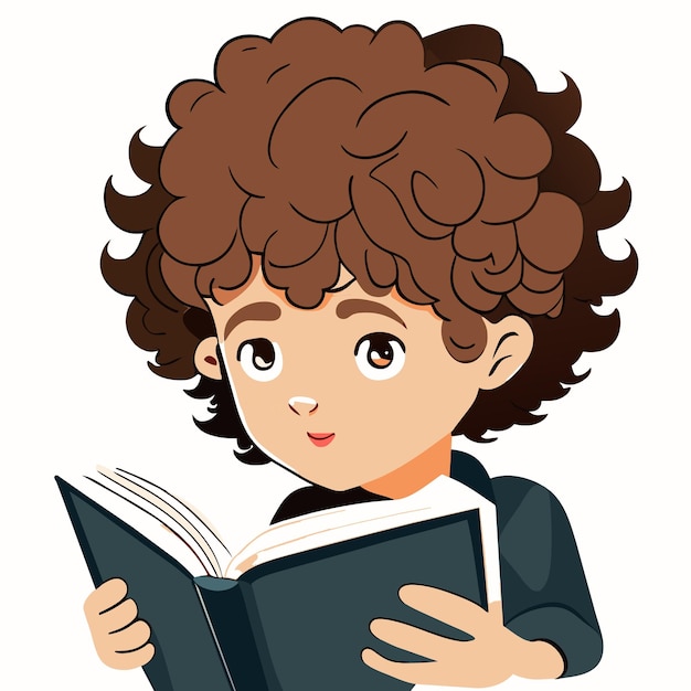 Vector chico con cabello rizado leyendo una ilustración de libro