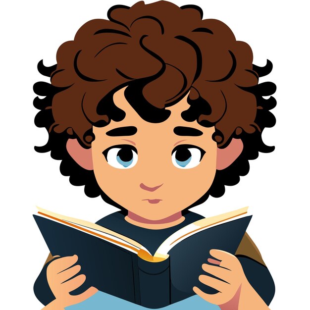 Vector chico con cabello rizado leyendo una ilustración de libro