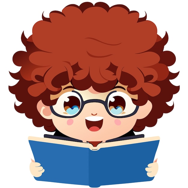 Vector chico con cabello rizado leyendo una ilustración de libro