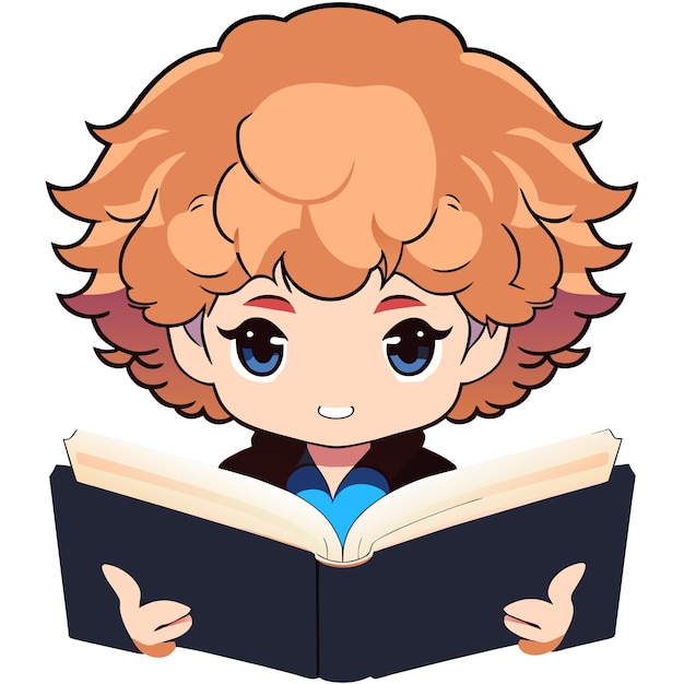 Vector chico con cabello rizado leyendo una ilustración de libro