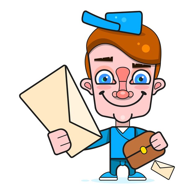 Chico el cartero en estilo plano. Diseño de personajes de dibujos animados planos. Estilo chico. Concepto de icono de entrega urgente. Diseño del paquete. Personaje de dibujos animados masculino.