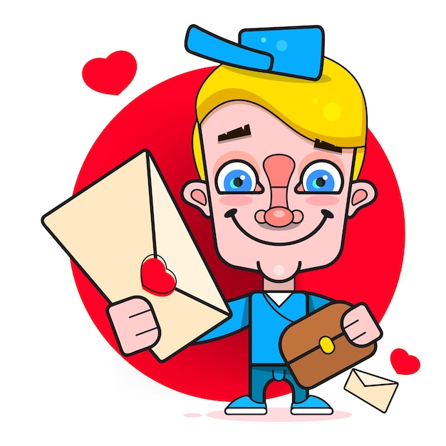 Chico el cartero en estilo plano. Diseño de personajes de dibujos animados planos. Estilo chico. Concepto de icono de entrega urgente. Diseño del paquete. Personaje de dibujos animados masculino.
