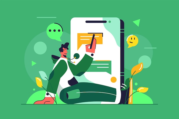 Chico charlando sentado en el suelo a través de una gran ilustración de teléfono móvil