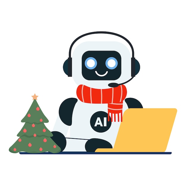Chico chat robot asistente con portátil amarillo con un árbol de Navidad y una bufanda roja para el cliente