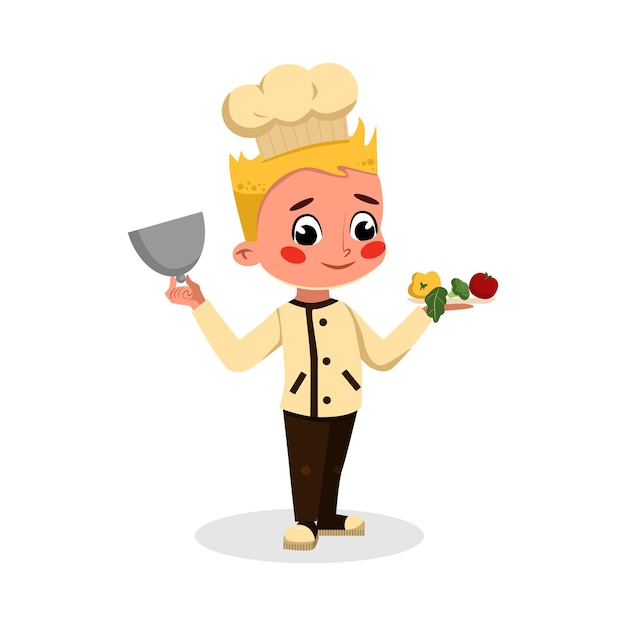 Chico Chef Profesional Personaje sosteniendo plato con verduras Niño lindo en uniforme y sombrero cocinando platos sabrosos Ilustración vectorial de estilo de dibujos animados