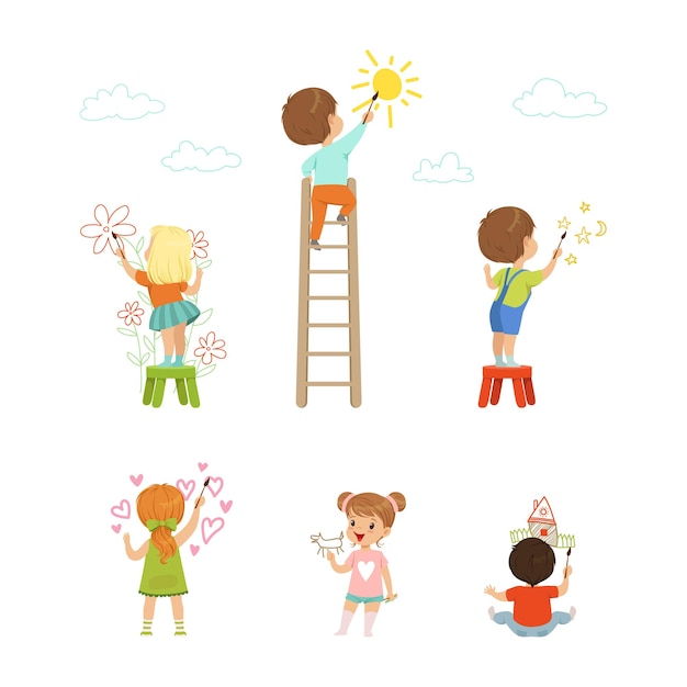 Chico y chica alegres dibujando con pincel en el conjunto vectorial de la pared