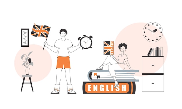 El chico y la chica ayudan a enseñar inglés El concepto de aprender un idioma extranjero Estilo lineal de moda
