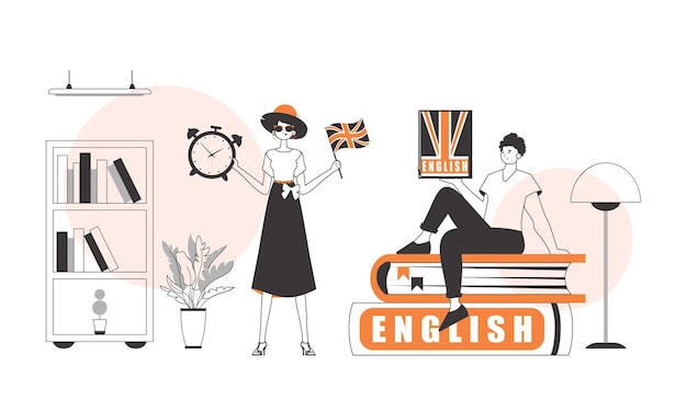 El chico y la chica ayudan a enseñar inglés. El concepto de aprender un idioma extranjero. Estilo moderno Lineart.