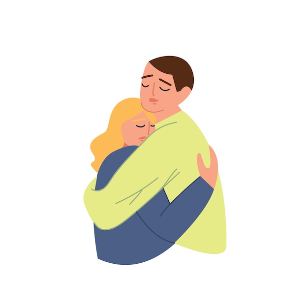 Chico y chica de dibujos animados abrazándose. Apoya a un amigo en un momento difícil. Dibujado a mano por una mujer triste con un trastorno mental. Miedo, pérdida, tristeza. Ilustración de vector colorido sobre fondo blanco aislado.