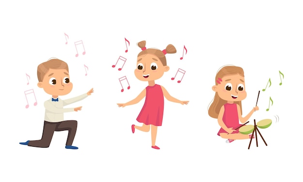 Chico y chica divertidos bailando y tocando la batería