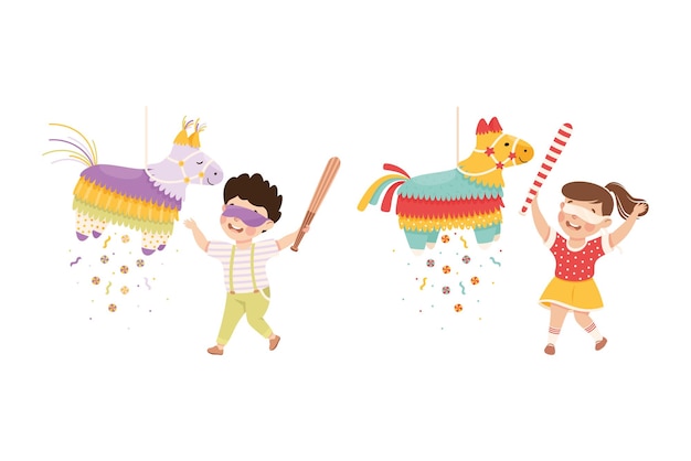 Chico y chica divertidos golpeando y golpeando a Pinata colgando de una cuerda con un conjunto de vectores de palos