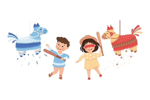 Chico y chica divertidos golpeando y golpeando a Pinata colgando de una cuerda con un conjunto de vectores de palos
