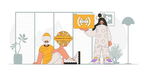 Chico y chica forman un dúo en el sector IoT, con un avatar vectorizado modernizado.