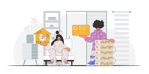 Chico y chica forman una sociedad en la industria de IoT, como se ve a través de un estilo de personaje vectorial moderno.