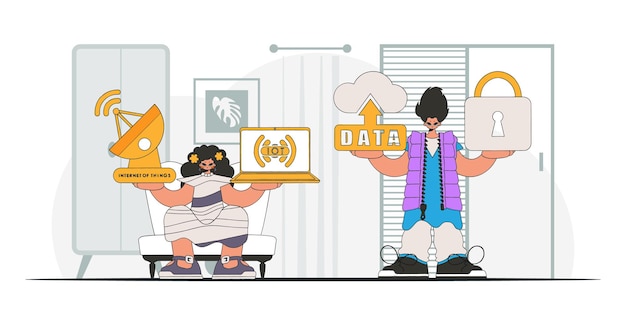 Chico y chica forman una sociedad en la industria de IoT, como se ve a través de un estilo de personaje vectorial moderno.
